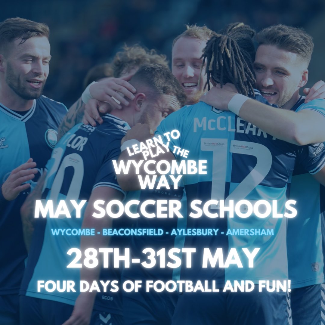 MAY HALF TERM SOCCER SCHOOLS! ⚽

📆 28th - 31st May
📌 High Wycombe, Beaconsfield, Amersham & Aylesbury
⏱10am - 3pm (drop off from 9.45am)

To secure your place, click below 👇

t.ly/I1kwt