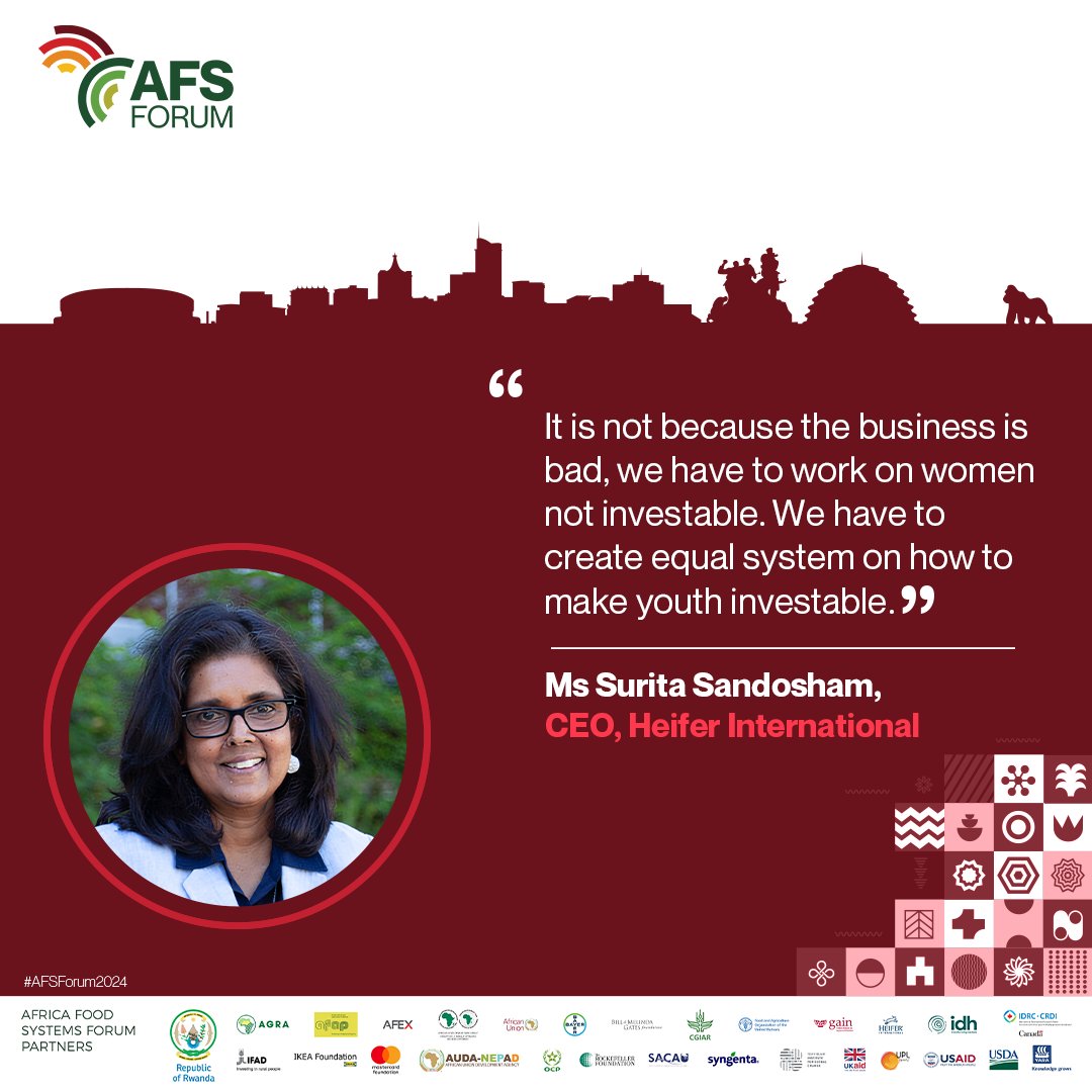 CEO Surita Sandosham of Heifer International emphasizes the importance of not labeling women and youth as uninvestable due to stereotypes. She calls for fair systems that recognizie their potential. #AFSForum2024