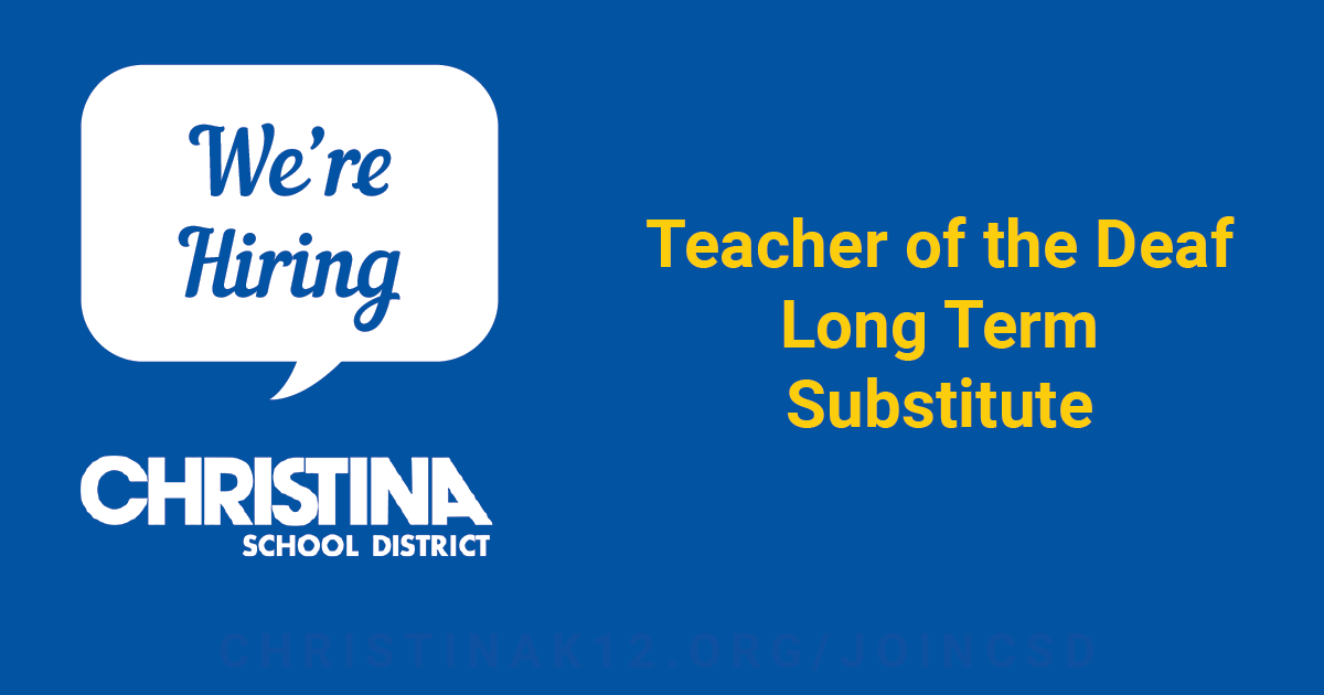 We're #NowHiring: Teacher of the Deaf - Substitute Teacher. Apply online to #JoinCSD: christinak12.org/joincsd-substi…. 📌 View all job openings: christinak12.org/joincsd-apply #EduJobs #netde #hiring #WilmDE #NewarkDE