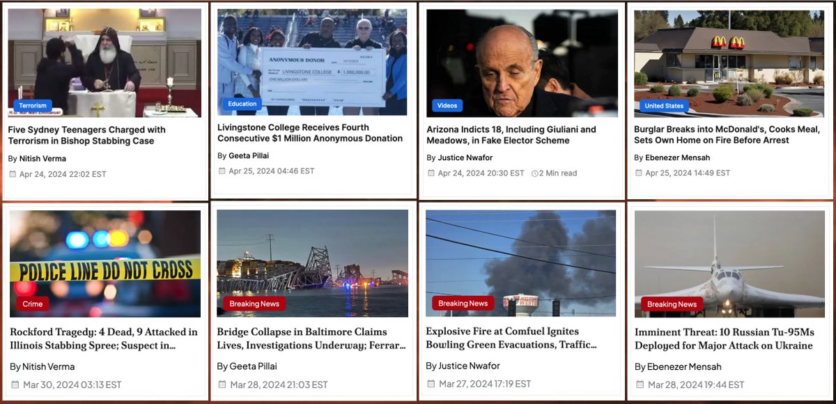 @trimfeed There are other signs that @trimfeed is the same operation as BNN. The sites seem to share the same set of authors (or reworders?), and updates to the BNN website largely stopped in early April, with Trimfeed kicking into gear shortly after. (Top row: Trimfeed; Bottom row: BNN)