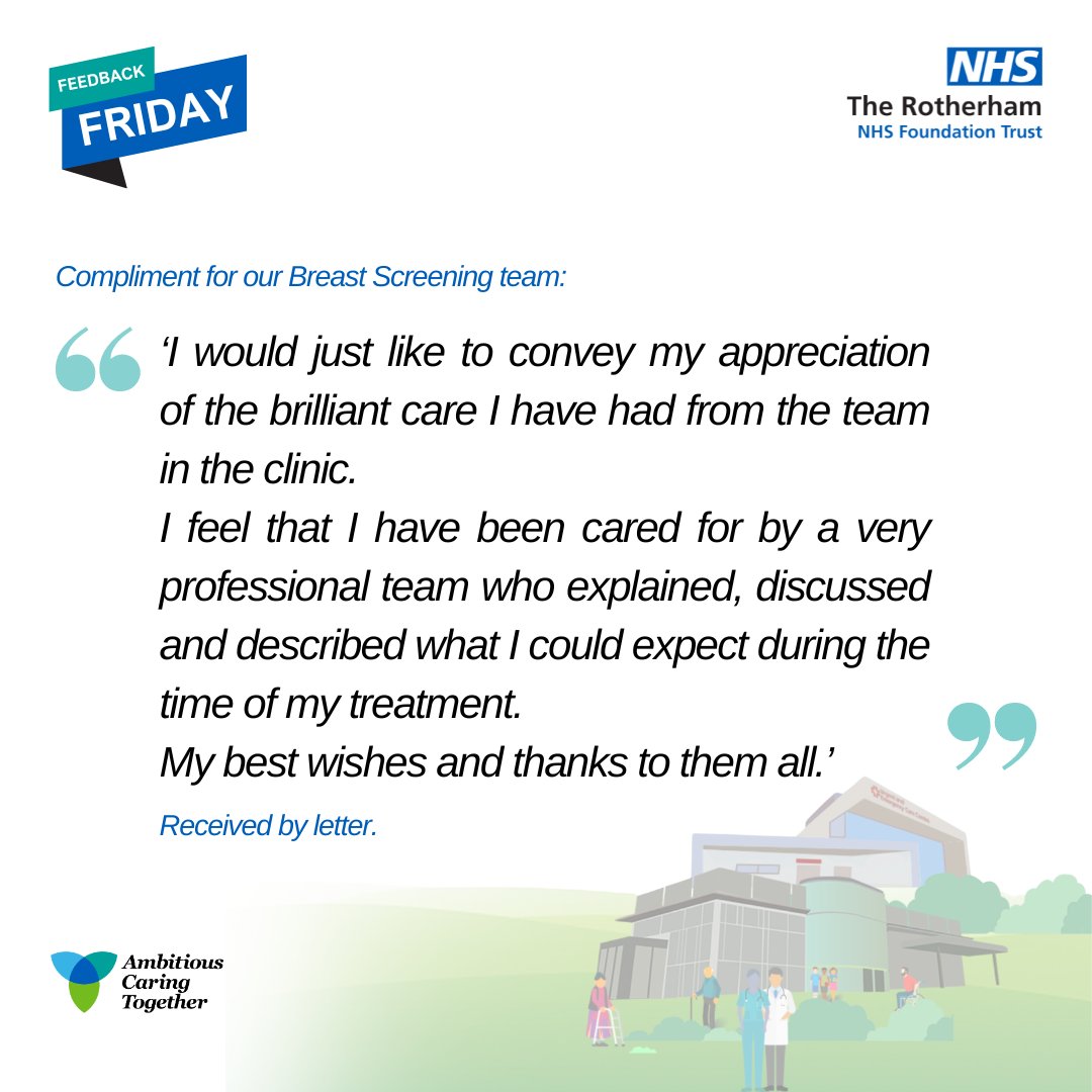 Here is a compliment we received for our Breast Screening team from a patient who recently was under their care. At the Trust we always aim to support our patients and take every care they feel comfortable and informed about the services we deliver. #TRFT #FeedbackFriday