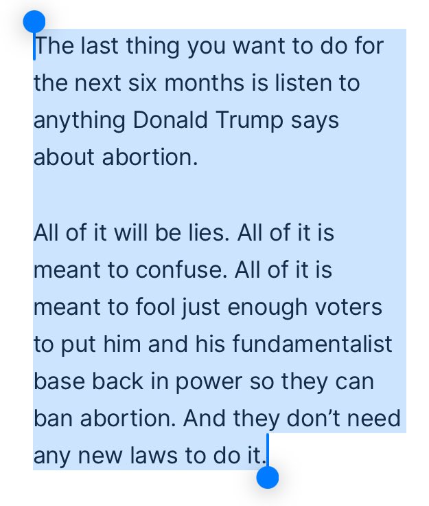 This is an important reminder for everyone including mainstream media which too often shares trump comments on abortion without the needed facts or context. Trump is counting on that uncritical news coverage to muddy the waters on his past abortion actions & future plans.