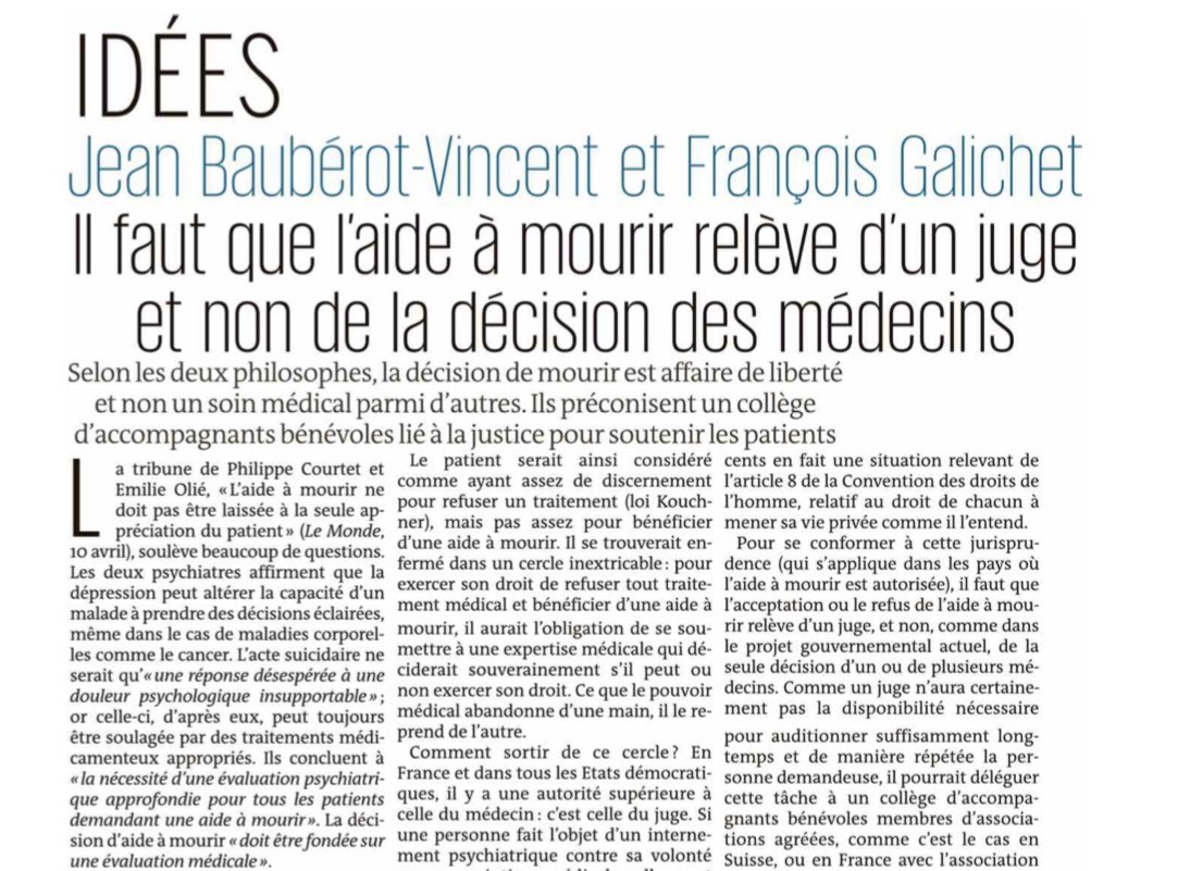 Je trouve cette proposition très bonne sur l’aide à mourir : que ce soit les juges qui decident ! (Ils pourraient aussi délivrer le bon pour ce procurer la potion adéquate) NB : pour les demandes de tutelle les procédures atteignent fréquemment 6 mois…