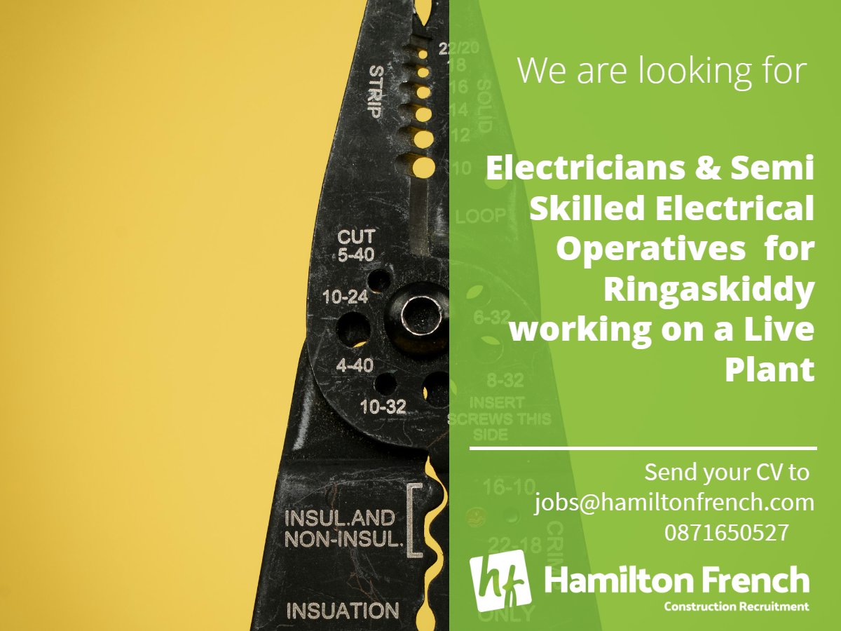 Hamilton French are retained to source Electricians ans=d Semi skilled electrical operatives for Ringaskiddy.

#electricaljobs #electricians #CorkJobs #jobfairy #irishjobs #CorkHarbour #semiskilledelectricaloperatives