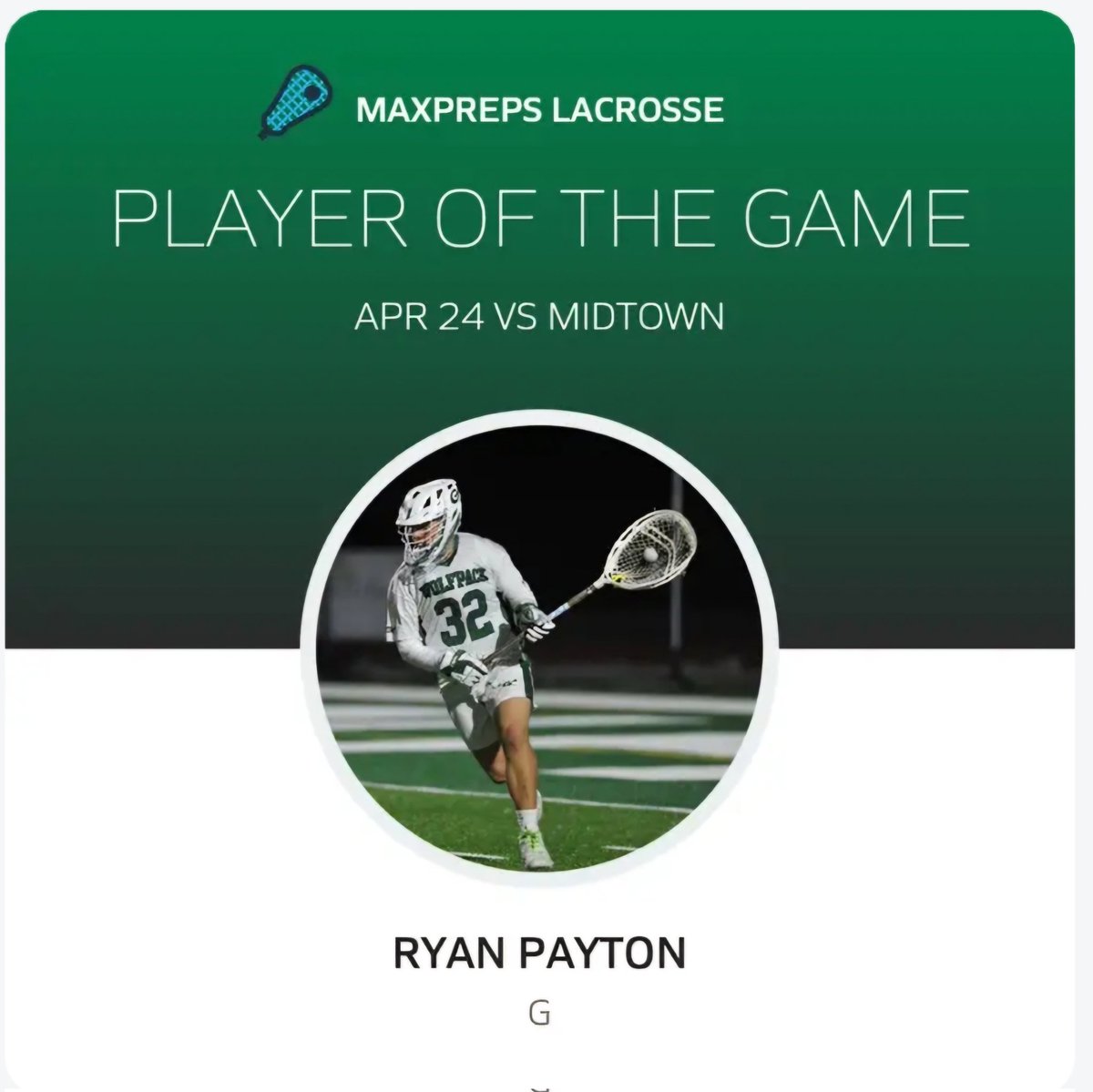 Congratulations to the @MaxPreps Player of The Game, @Ryno502. The @ShorterLax commit had 23 Saves (85% Save Precentage) & a Ground Ball in the first playoff win in school history. @CreswellCurtis @CheneyAUG @OfficialGHSA @JVance32