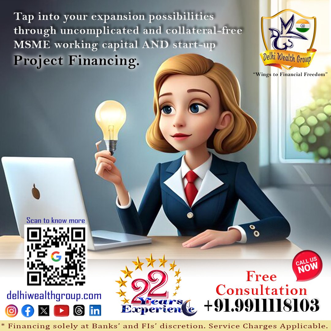 MSME Working Capital and Start-Up Project Finance.
#DWSPL #delhiwealthgroup #financeconsultant #loanservices #consultancyservices #financeadvisor #workingcapitalloans #projectfinance #financialservices #homeloans #housingfinance #loanagainstproperty #msmeloan