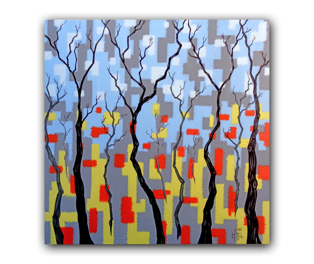 Art Inspiration For Today: Into the Winter Woods by Tara Hutton, acrylic on canvas, 36” W x 36” L - A modernist interpretation of a bare trees at sunset on a winter’s day. *** this painting will be shown at Art Drift, Saturday, April 27th, in Marine City *** #intothewinterwoods