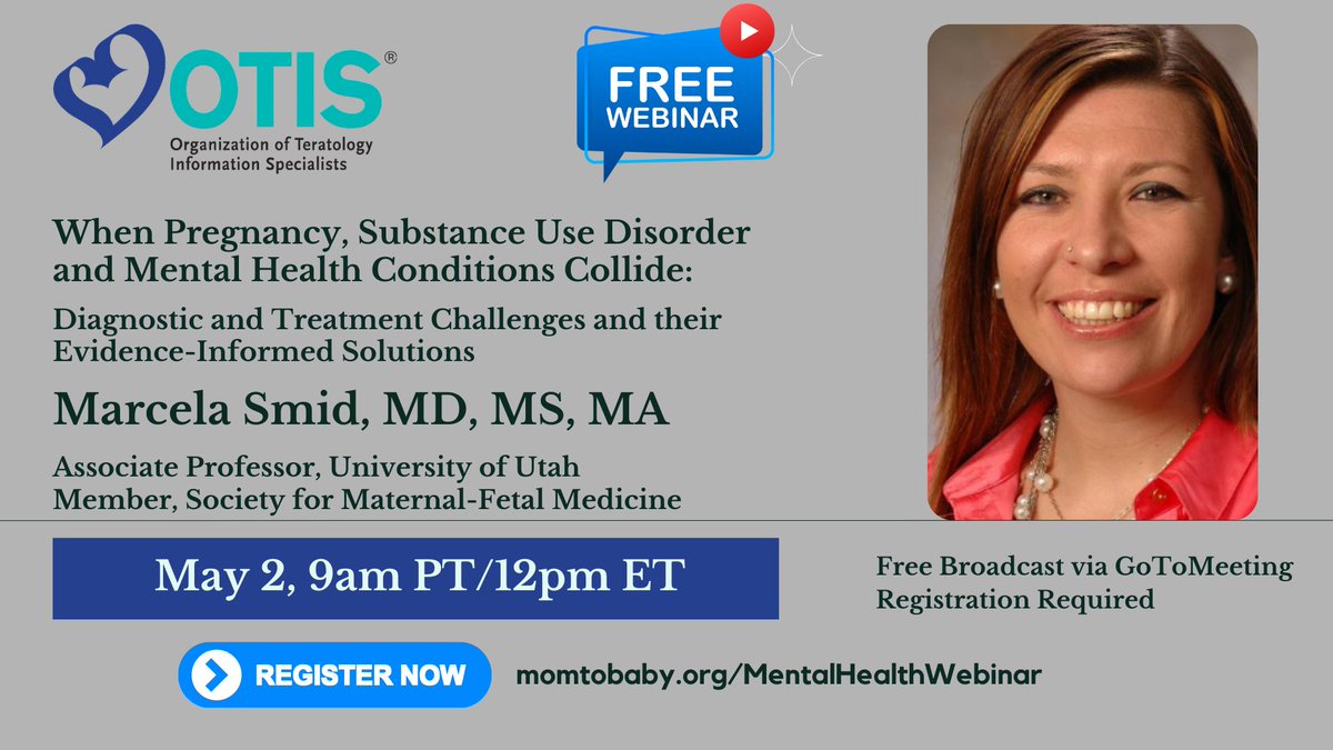 Join @mothertobaby and @mysmfm member, Dr. Marcela Smid, for a no-cost webinar on May 2 at 12 pm ET, 'When Pregnancy, Substance Use Disorder and Mental Health Conditions Collide.' Advanced registration is required: momtobaby.org/MentalHealthWe… #MentalHealth #MaternalHealth #SUD