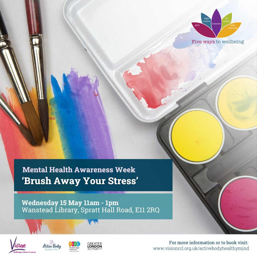 Wednesday 15 May, join us as part of #MentalHealthAwarenessWeek for 'Brush away your stress' with Water Colour Paint. Brush away your stress while creating some colourful gift tags and a beautiful bookmark. Adults only (16+) 🖌️ 🎨Booking is essential: vrcl.uk/ABHM
