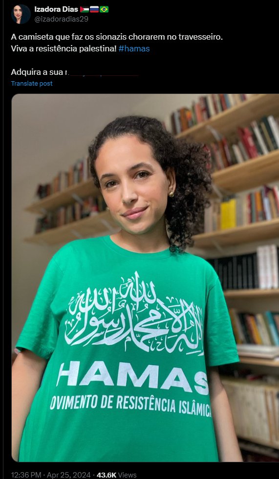 Estudante da USP faz apologia ao terrorismo. Hamas matou, torturou, estuprou e sequestrou mais de mil israelenses, apenas no último atentado terrorista que promoveu. Mulheres foram estupradas até seus ossos quebrarem, e depois queimadas. É isso que ela glorifica.