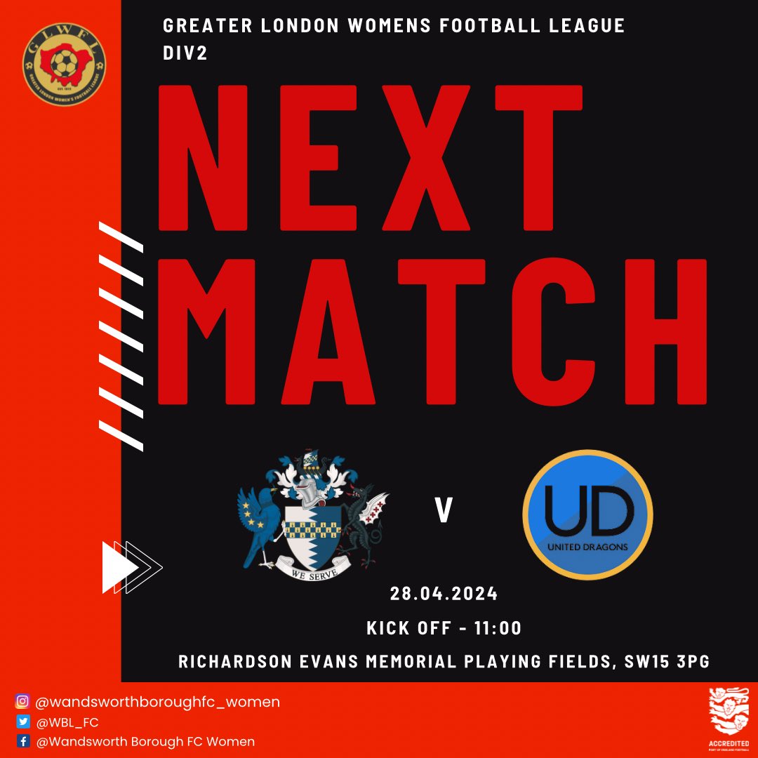 This Sunday we take on United Dragons in our final home game of the season! Why not come down and support the mighty Boro women! 🗓️ Sunday 28.04.24 🕑 Kick off 11:00 🆚 @uniteddragonsfc 📍 Richardson Evans Memorial, SW15 3PG #UpTheBoro