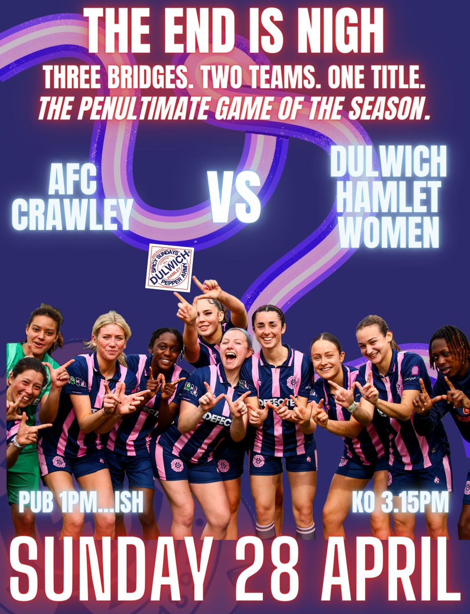 Big day out for the Hamlet this Sunday, and unfortunately for our opponents, a simple 1-0 won't do. So join us as we bay for blood and roar on the team for what we hope will be 90 minutes of glorious, merciless attacking football. #dhfc (NB: the game has been moved to RH6 8SP)