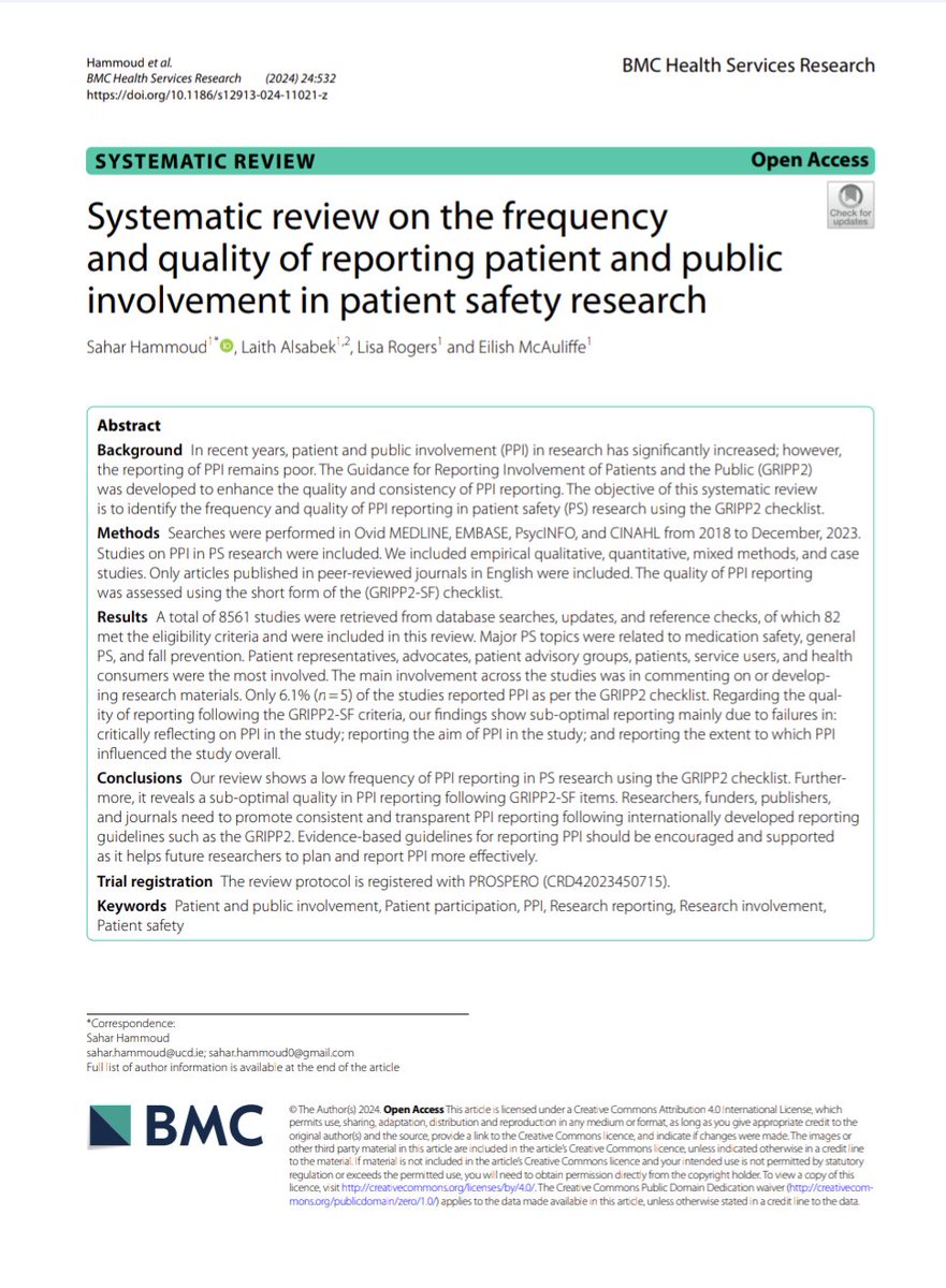 📣New publication📣 Sharing @ucdsnmhs and @UCDHealthSystem systematic review highlighting the low frequency and quality of reporting #PPI in #patientsafety research. Thanks Sahar for leading out on this important work @ucddublin @UCD_Research @UCD_CHAS