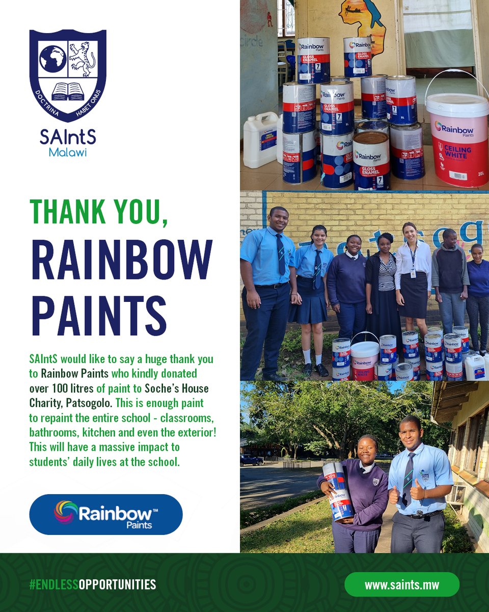 A special thank you to @rainbowpaintsmw for their donation of over 100 litres of paint to Soche's House charity, Patsogolo. #SocialResponsibility #EndlessOpportunities