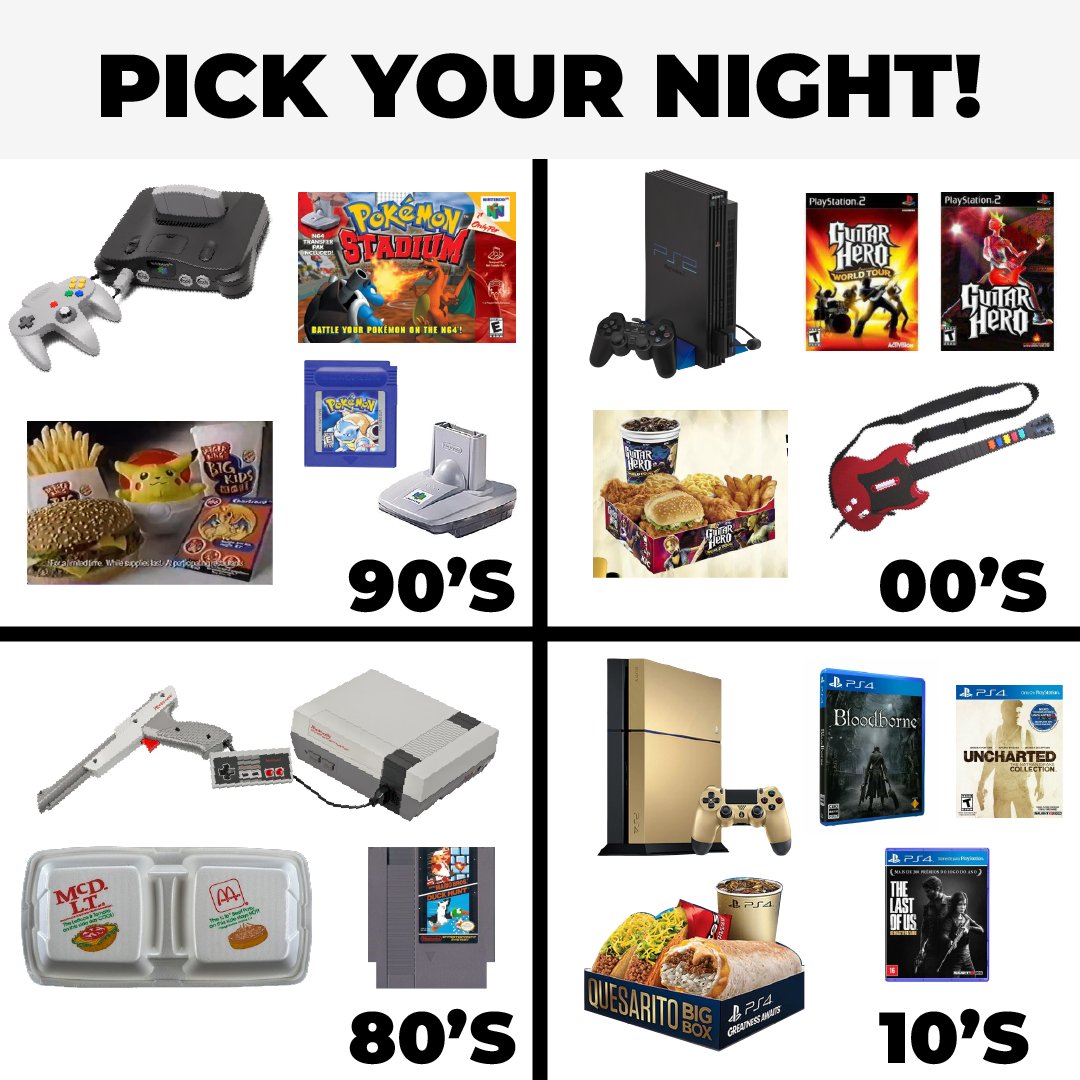 Which night are you picking?!
.
.
.
#90s #nintendo #retrogaming #choosewisely #whichone #nostalgia #burgerking #mcdonalds #tacebell #playstation #ps4 #n64 #ps2 #nes #nintendoentertainmentsystem #pokemon