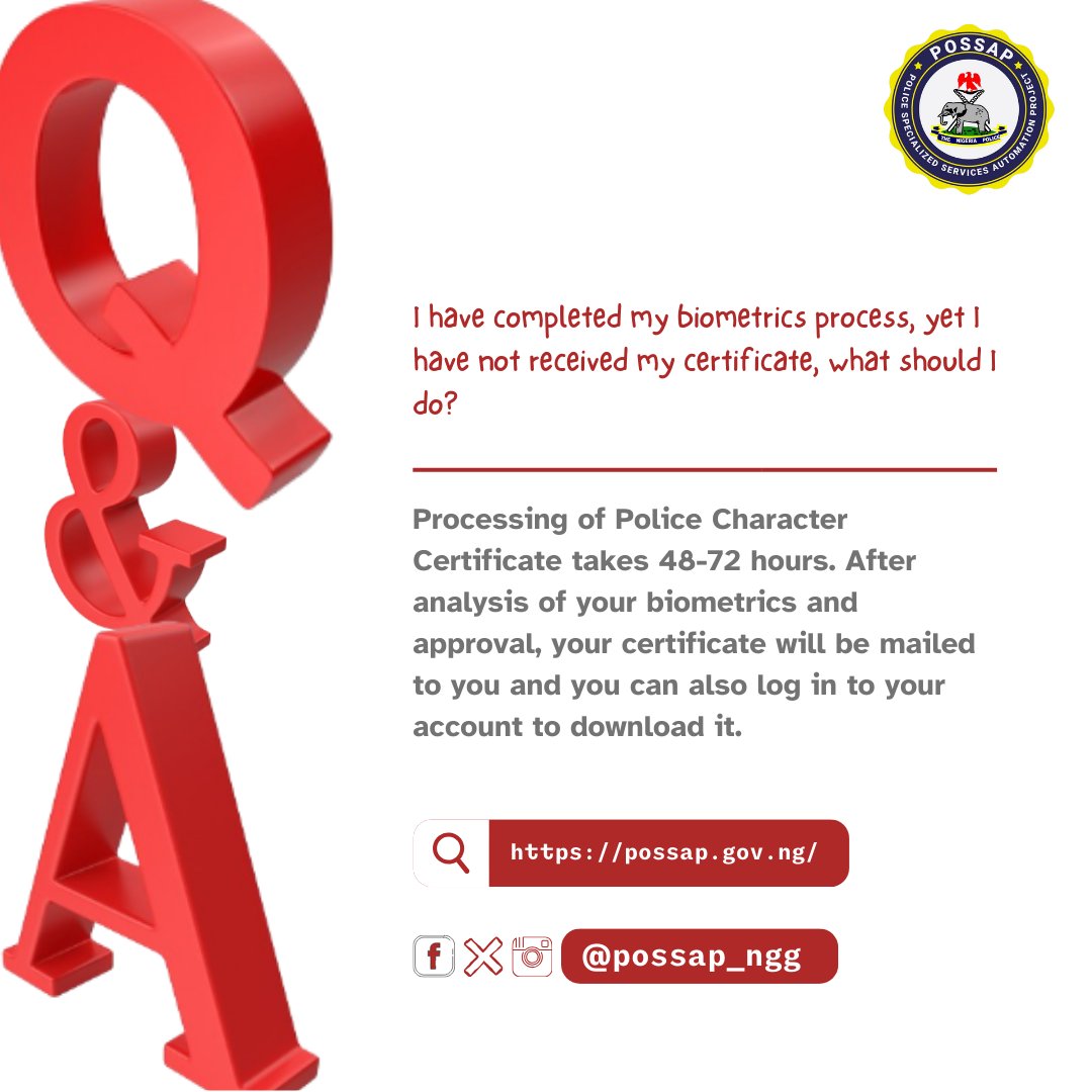 Processing of Police Character Certificate takes 48-72 hours. 

After analysis of your biometrics and approval, your certificate will be mailed to you.

You can also log in to your account to download your certificate.