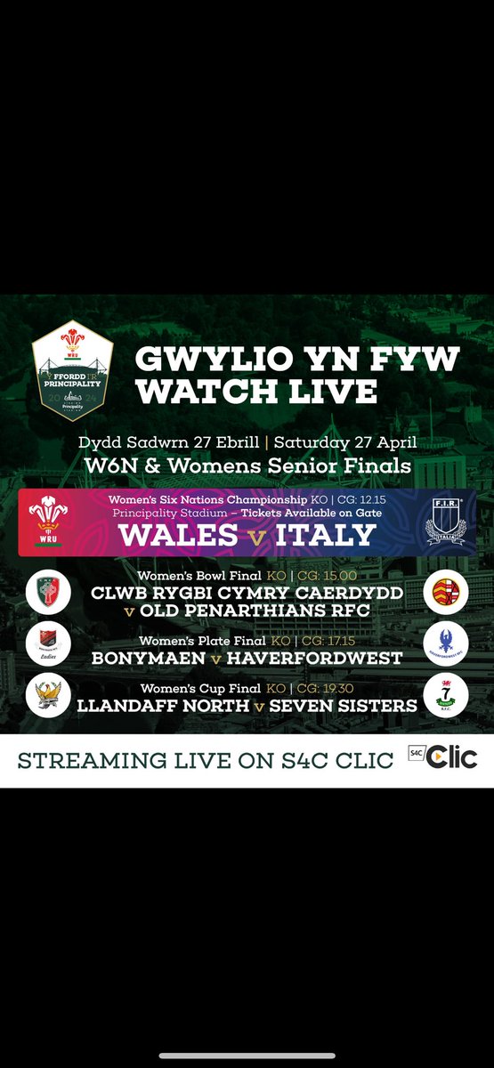 If you’re unable to get to the stadium to watch us in person: 

You can watch us on live stream on YouTube - WRU Offical channel 

Or live on @S4C Clic 

KO 3pm 

#RTP24