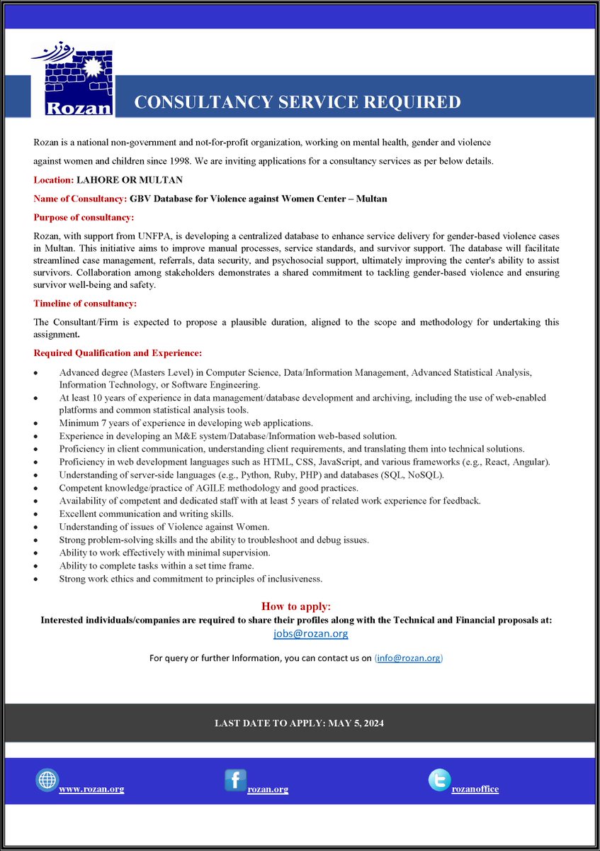 Rozan (@rozanoffice) on Twitter photo Consultancy Service Required.
Interested individuals/companies are required to share their profiles along with the Technical and Financial proposals at jobs@rozan.org Last date to apply: 5th May 2024 Consultancy Service Required.
Interested individuals/companies are required to share their profiles along with the Technical and Financial proposals at jobs@rozan.org Last date to apply: 5th May 2024