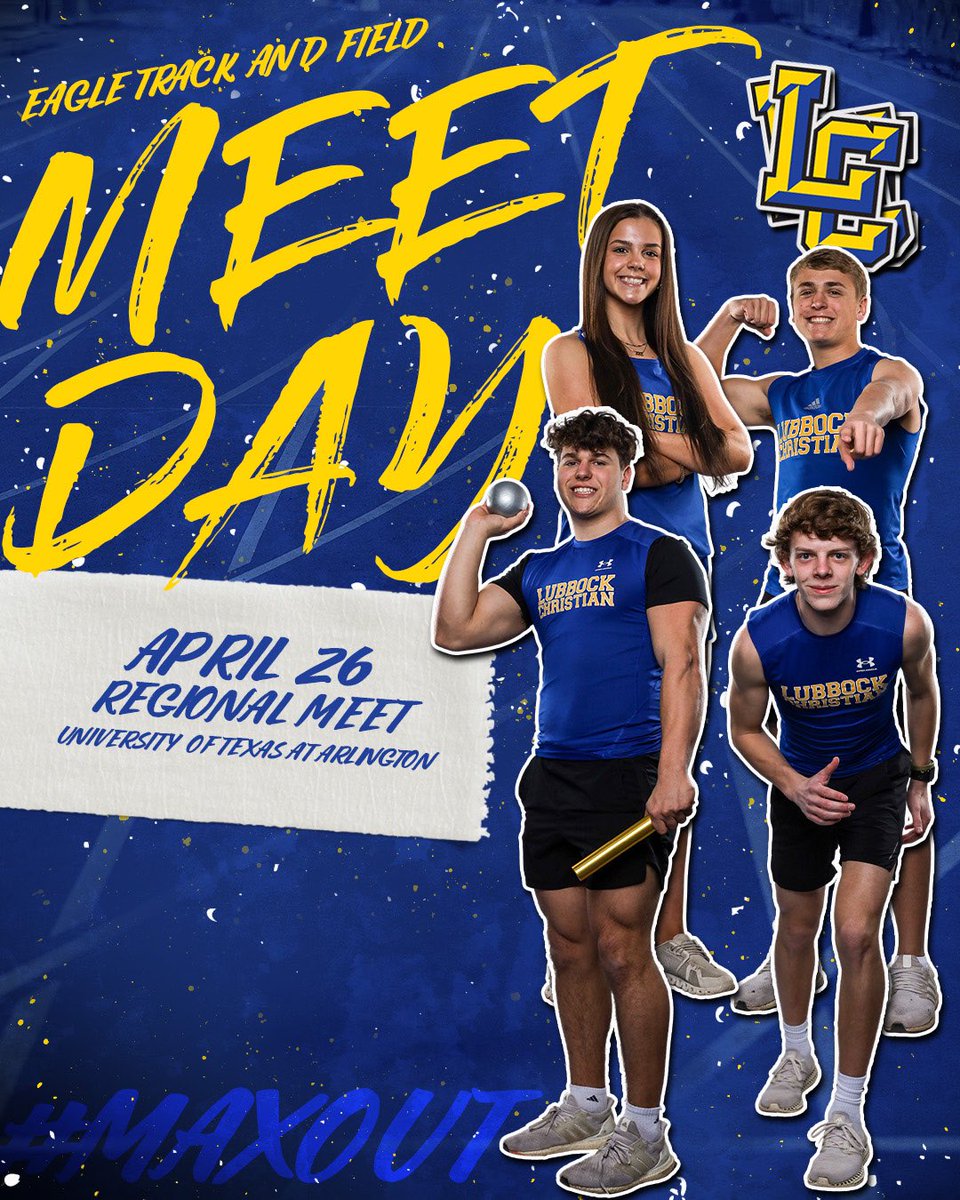 LC Track & Field (@lctrack) on Twitter photo MEET DAY! 🟡🦅🔵
🗓️ Friday 4/26
➡️ North Region Meet
⏰8:45am - Field Events
⏰2:15pm - Running Finals
📍 Maverick Stadium, UT Arlington
<a href="/HubCityPrepsLBK/">HubCityPreps.com</a> <a href="/pchristy11/">Pete Christy</a> <a href="/RandyRosetta/">Randy Rosetta</a> <a href="/KLBKsports/">KLBK Sports</a> <a href="/806hsscmedia/">Jasone Pearson</a> <a href="/ZachFoxSports1/">Zach Fox</a> @LoneStarVarsity <a href="/lubbockonline/">Lubbock Avalanche-Journal</a> @3Rsports1 <a href="/LCHSEagles/">LC Athletic Department</a> MEET DAY! 🟡🦅🔵
🗓️ Friday 4/26
➡️ North Region Meet
⏰8:45am - Field Events
⏰2:15pm - Running Finals
📍 Maverick Stadium, UT Arlington
<a href="/HubCityPrepsLBK/">HubCityPreps.com</a> <a href="/pchristy11/">Pete Christy</a> <a href="/RandyRosetta/">Randy Rosetta</a> <a href="/KLBKsports/">KLBK Sports</a> <a href="/806hsscmedia/">Jasone Pearson</a> <a href="/ZachFoxSports1/">Zach Fox</a> @LoneStarVarsity <a href="/lubbockonline/">Lubbock Avalanche-Journal</a> @3Rsports1 <a href="/LCHSEagles/">LC Athletic Department</a>