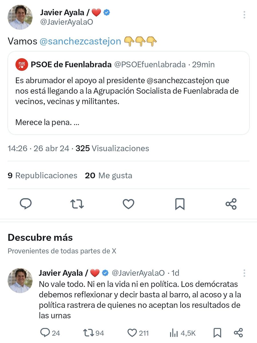 Que indignado que está <a href="/JavierAyalaO/">Javier Ayala / ❤️</a> por una denuncia. Eso sí, amenazar a una concejala en el Pleno está permitido.
Cuanta hipocresía en una misma persona. Seguro que su ego es más abrumador que el apoyo al presidente en #Fuenlabrada.