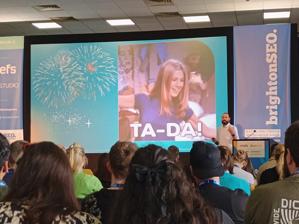 Ta-da! <a href="/NicoPiquero/">Nicolas Piquero</a> is finally on #BrightonSEO stage, opening the afternoon talks with Topical Meshes - and serving some serious gif gems 😂