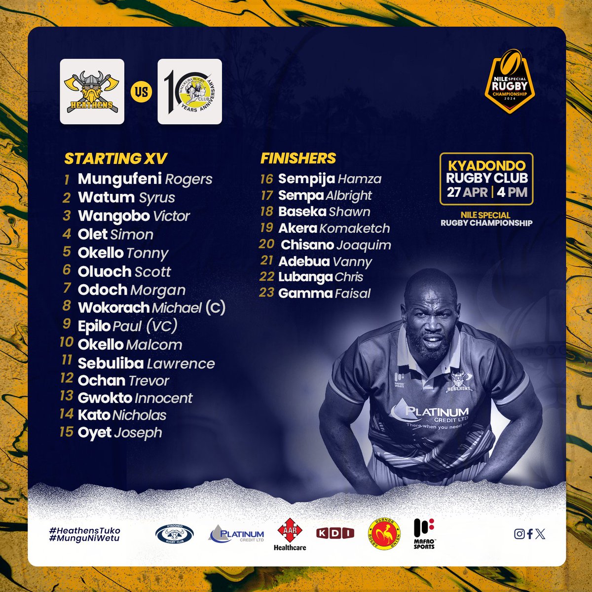 📋𝐓𝐄𝐀𝐌 𝐍𝐄𝐖𝐒! 🟡 Here is how we line-up tomorrow against @WalukubaRugbyUg in the first round of the #NileSpecialRugby QF Play-offs. 🕓 4:00PM 📍 @KyadondoRugby #HeathensTuko || #MunguNiWetu || #KyadondoIsHome