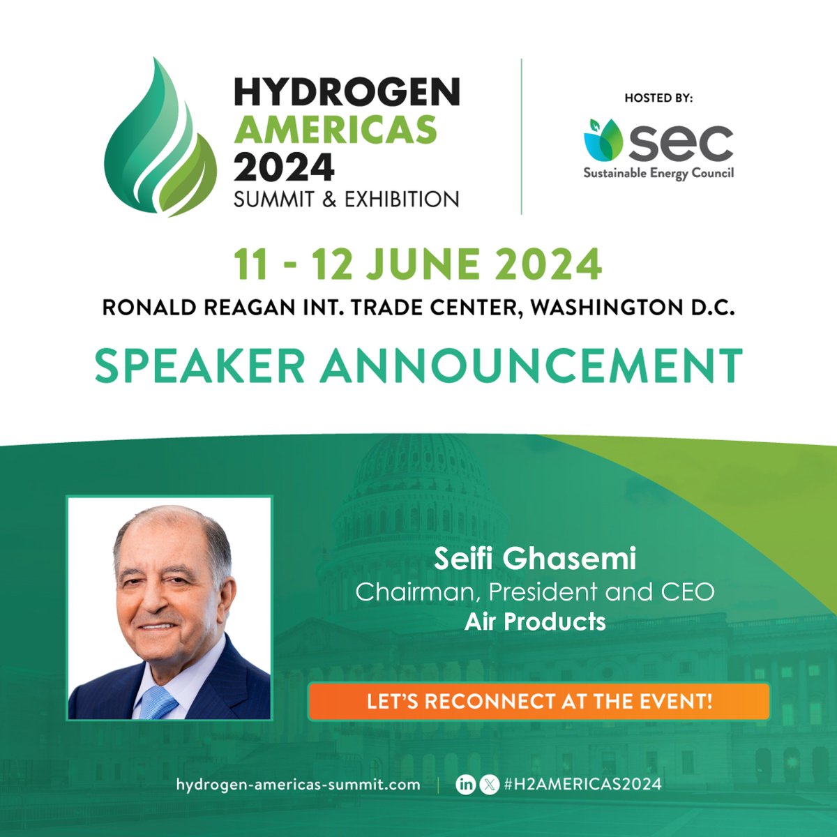 ⭐Speaker Announcement⭐ We are delighted to be hearing from the CEO of @airproducts Seifi Ghasemi at #H2Americas2024 on 11-12 June 2024 at the @ReaganITCDC in Washington D.C. ✅Register: lnkd.in/eQNjPaBK 📃Programme: lnkd.in/g_uXtNBw