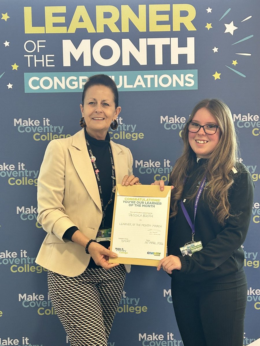 Congratulations to Level 2 Sport learner, Jess Booth, who is @CoventryPublic Learner of the Month for March 🙌🏻👍🏻💪🏻🏆 @CoventrySport @coventrycollege