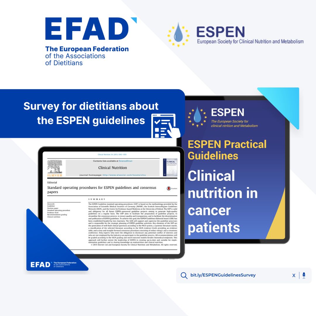 #efadsurvey #yourvoicematters 📣We invite all European Dietitians and Dietetic Students to participate in a survey to illuminate which source of information you use within your dietetic practice and how you incorporate the @ESPENorg guidelines. 👉Survey: bit.ly/ESPENGuideline…