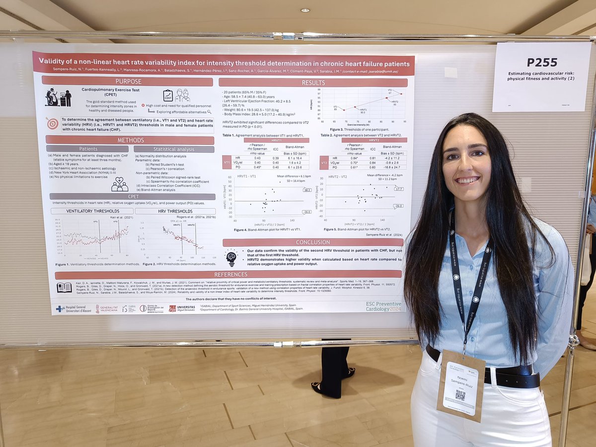 Viability of HRV thresholds in CHF #ESCPrev2024 <a href="/NoemiSempere/">Noemí Sempere</a>

🎯 Correlation between ventilatory and HRV thresholds in CPET
👤 20 pts, 58 yrs and LVEF 45%
📈Correlation HRVT2 and VT2
📝 Validation of HRV thresholds could save time and resources