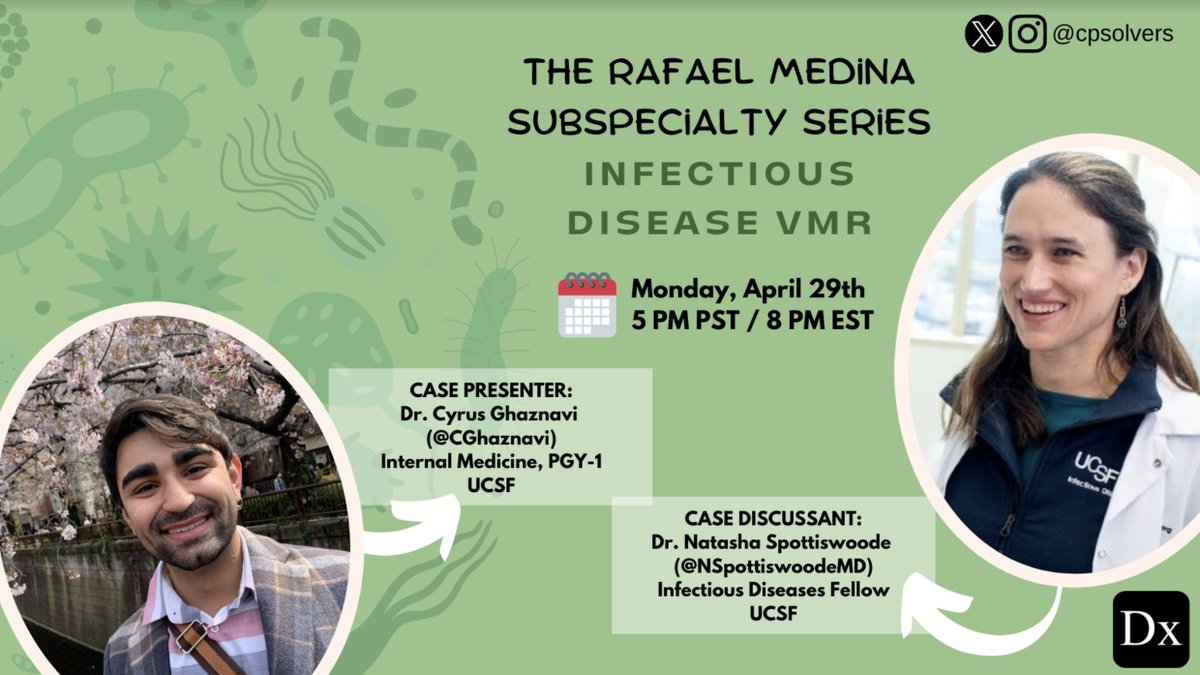 *Spread* the word, #MedTwitter! Join us on Monday, April 29th for our Infectious Disease VMR with Internal Medicine resident @CGhaznaviand and Infectious Disease Fellow @NSpottiswoodeMD from UCSF! See you there! ➡️ bit.ly/31LWIKg