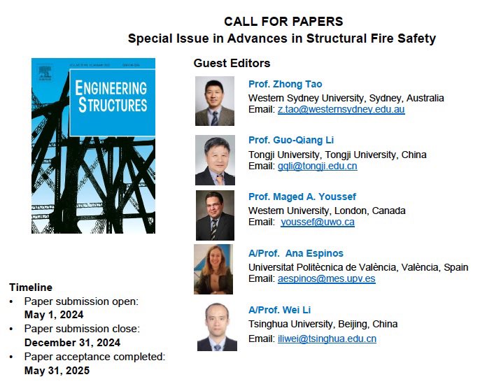 📣 Call for papers for the upcoming 
#SpecialIssue on 'Advances in Structural Fire Safety' to be published in Engineering Structures by @ElsevierConnect (Q1, IF 5.5). Paper submission open on 1 May 2024. Relevant contributions in the field are welcome! #FireSafetyEngineering 🔥