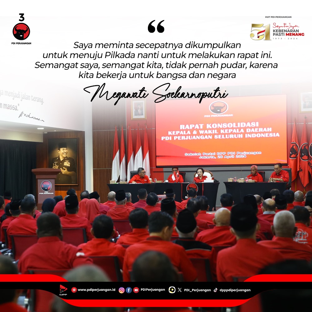 Ketua Umum PDI Perjuangan Megawati Soekarnoputri Pimpin Konsolidasi Pilkada 2024. 'Saya meminta secepatnya dikumpulkan untuk menuju Pilkada nanti untuk melakukan rapat ini. Semangat saya, semangat kita, tidak pernah pudar, karena kita bekerja untuk bangsa dan negara,' kata Ketua…