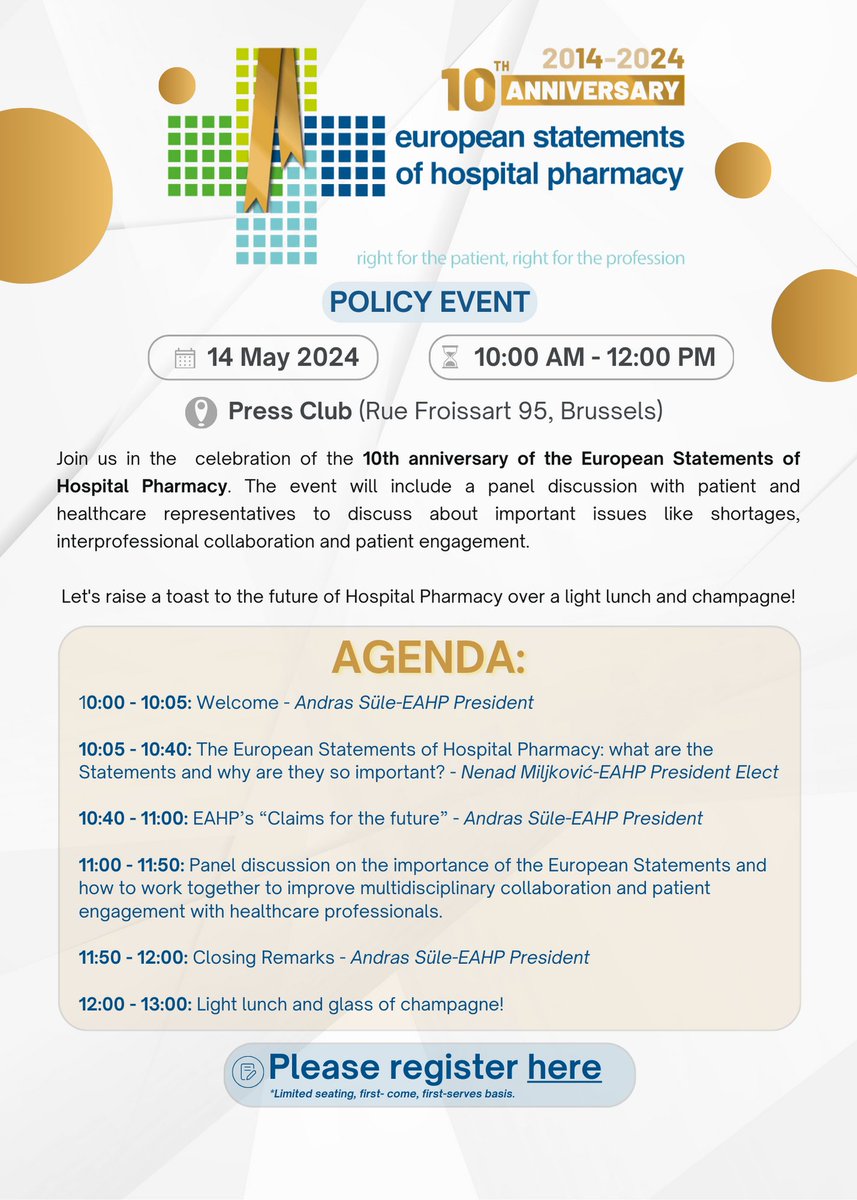 🎉 Celebrate 10 years of Hospital Pharmacy progress! 📅 May 14, 10 AM - 12 PM 📍 Press Club, Brussels 💬Reflect on the impact of the European Statements, discuss collaboration and patient engagement. 👉 Reserve you spot here: forms.office.com/e/vwByw8W2A3?o… #HospitalPharmacy #EAHP