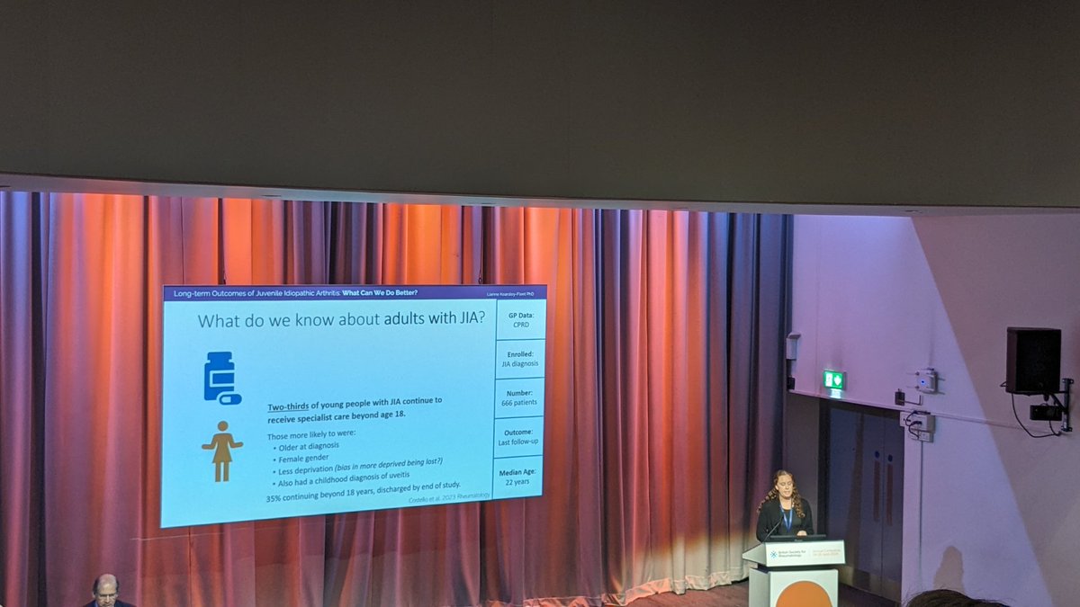 Mia Rodziewicz (@miarodziewicz) on Twitter photo Great talk on #JIA in adulthood from <a href="/KearsleyFleet/">Lianne Kearsley-Fleet</a>
2/3 of patients are followed up in adult services and associated with
🟢 Older age of diagnosis
♀️ Gender
👁️ Uveitis
⬇️ Levels of social deprivation
❓ Losing those from deprived groups to follow up Great talk on #JIA in adulthood from <a href="/KearsleyFleet/">Lianne Kearsley-Fleet</a>
2/3 of patients are followed up in adult services and associated with
🟢 Older age of diagnosis
♀️ Gender
👁️ Uveitis
⬇️ Levels of social deprivation
❓ Losing those from deprived groups to follow up
