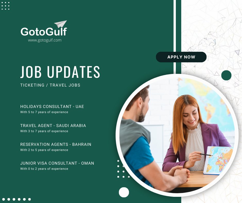 Click on the below link to apply for the job vacancies,
gotogulf.com/PublicSearchVi…

#gotogulf #jobs #middleeast #jobseeker #recruitment #ticketing #ticket #travel #holiday #consultant #agent #consultant #visa #saudiarabia #uae #unitedarabemirates #bahrain #oman