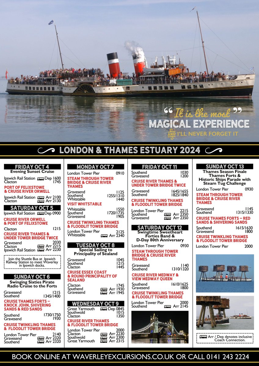 LONDON’S CALLING FOR WAVERLEY! Get ready to step aboard Waverley as she makes her grand return to London and the Thames Estuary this autumn from Friday 27th September to Sunday 13th October. This year we have several very special cruises in store as well as our ever popular…