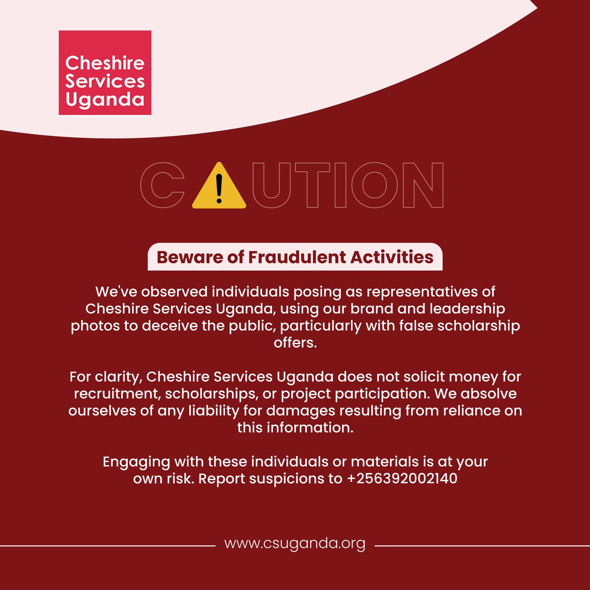 🚨 Important Notice: Beware of Fraudulent Activities 🚨 
Stay vigilant and protect yourself from scams. Report suspicions to +256392002140. #FraudAlert