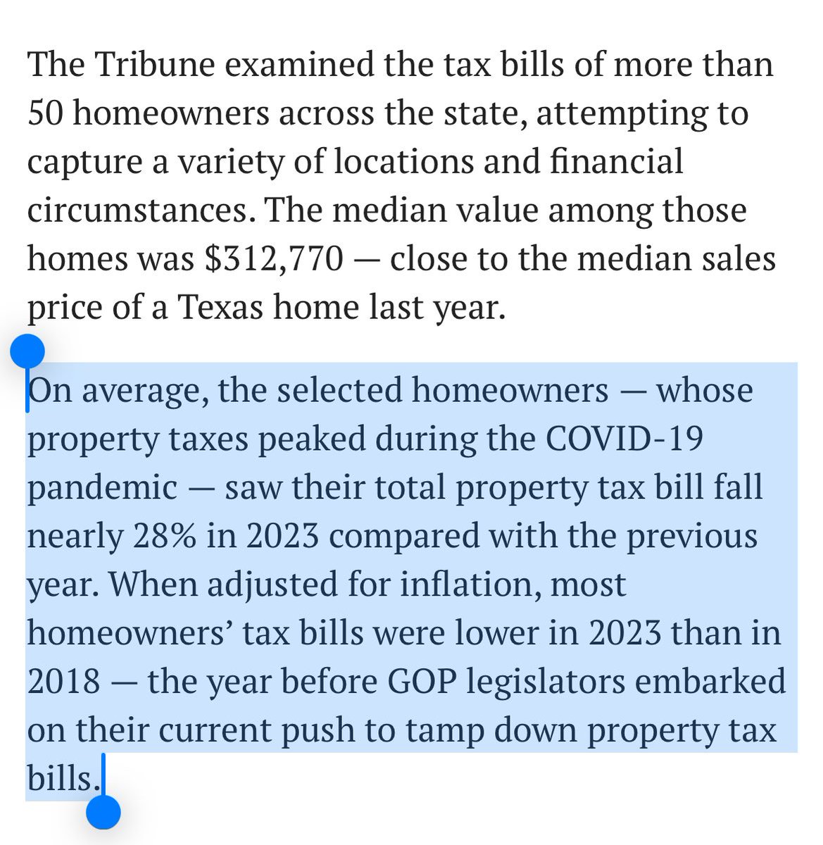 Must read analysis from @JoshuaFechter who reviewed how five years of efforts by the GOP to cut property taxes has played out for 50 homeowners across Texas. texastribune.org/2024/04/26/tex… #txlege