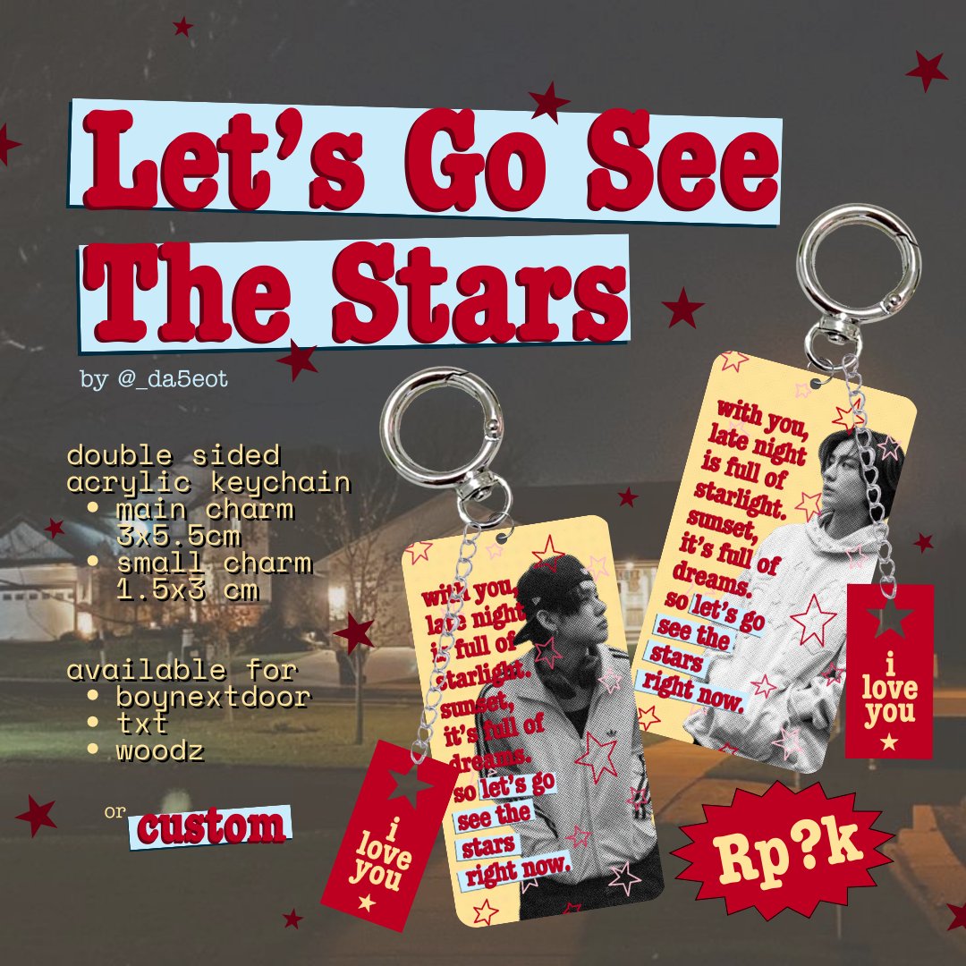 interest check, rt & likes are appreciated! Let's Go See The Stars🌃 keychain by @_da5eot ⋆ double sided acrylic ⋆ 3x5.5cm and 1.5x3cm ⋆ production 10-14 days reply to be tagged when PO starts!🌟 WW GO welcomed<3