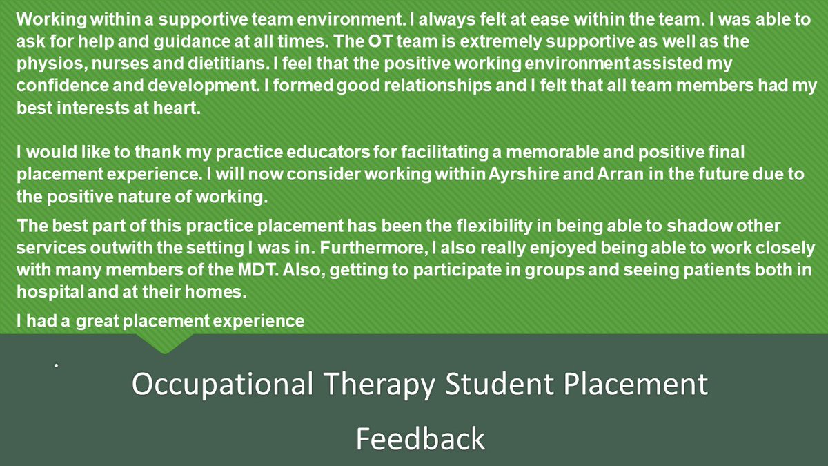 Our recent Occupational Therapy students have certainly appreciated their experiences here in @NHSaaa @QMU_OT @GcuOcc Thanks to all our #Educators for supporting our #FutureWorkforce @Alistair_ahp @gibbieahplcr @lkerrOTahp @LianneMcInally1