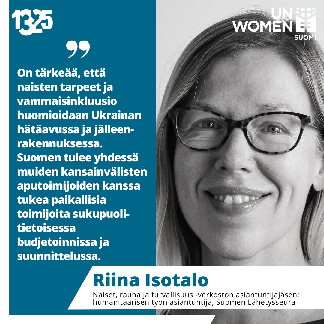 Riina Isotalo @lahetysseura korosti naisten tarpeiden ja vammaisinkluusion huomioimista Ukrainan hätäavussa ja jälleenrakennuksessa sekä Suomen roolia paikallisten toimijoiden tukemiseksi sukupuolitietoisessa budjetoinnissa ja suunnittelussa.