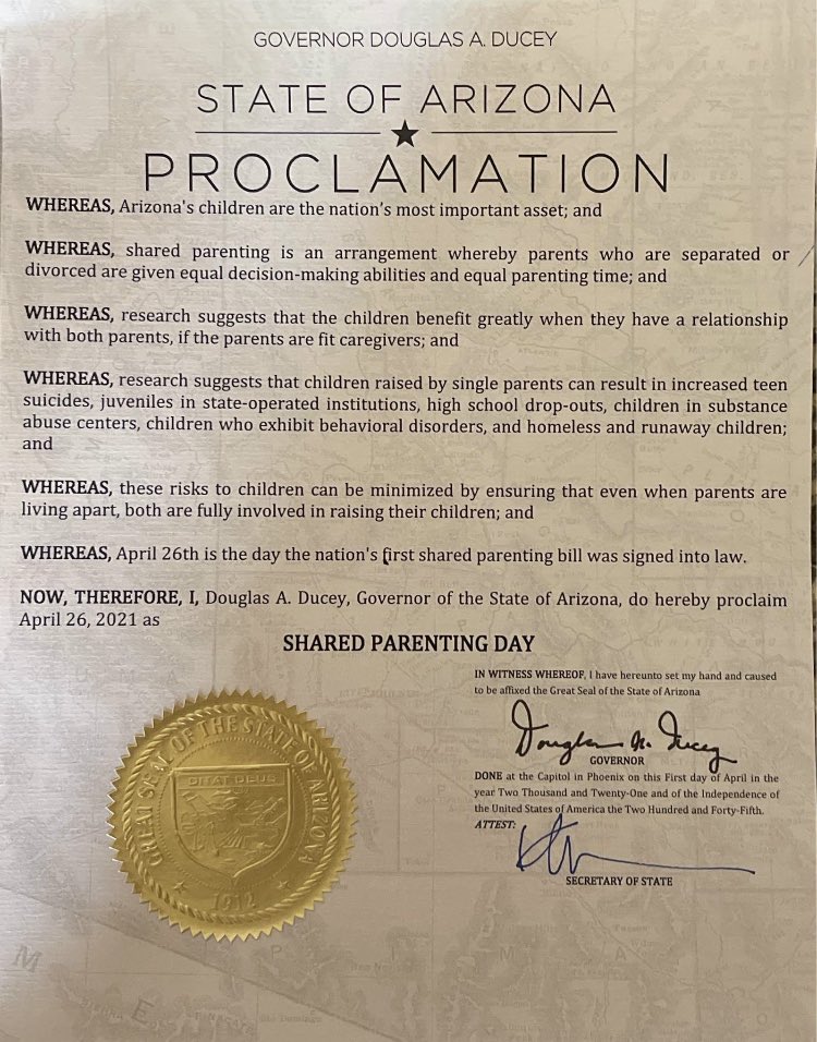 Happy Shared Parenting Day Arizonans, to all those who are fortunate enough to be able to celebrate.. The Nations first shared parenting bill was signed into law on this day, April 26, 2021. #Arizona #SharedParenting