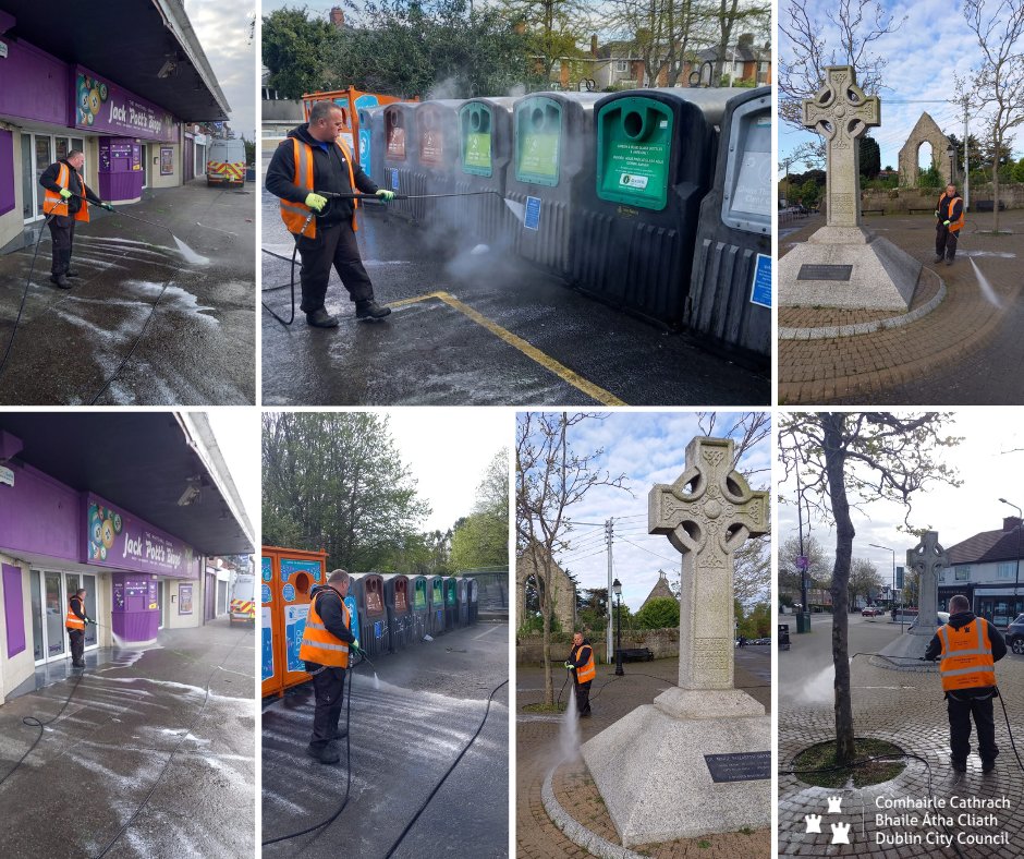 Another busy morning for our NCOD #wastemanagement wash crew out & about deep cleaning at Whitehall shop fronts, Raheny Cross & many of our recycling facilities. Thanks Ray & Scott. #YourCouncil