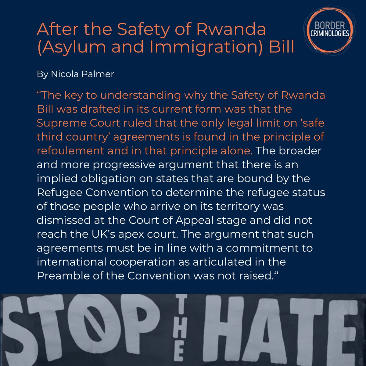 [New Blog 🖊️] Addressing the passage of the Safety of #Rwanda Bill, Dr. @nicolapalmer83 highlights the grave concern that an increasingly limited notion of 'safety' serves as the sole limitation on First World states displacing their #refugee obligations: blogs.law.ox.ac.uk/border-crimino…