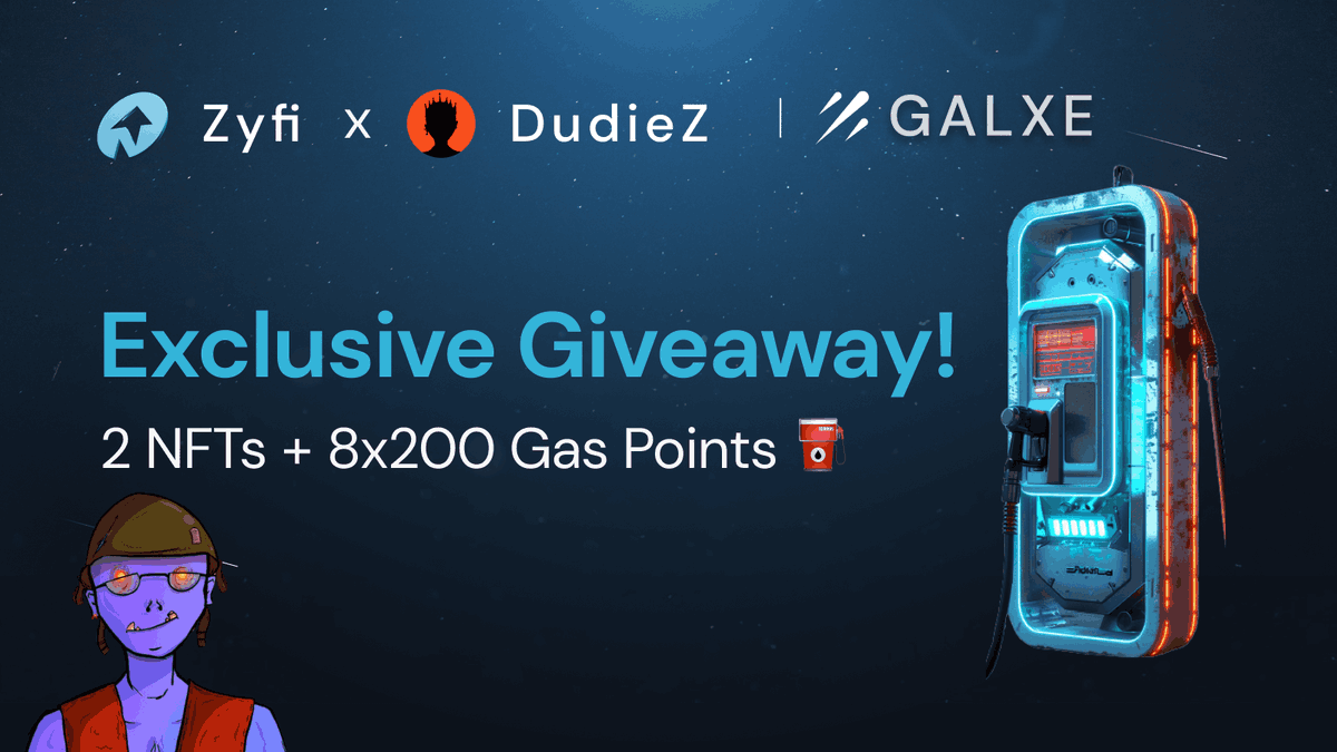 Try to win an Exclusive Giveaway! (Free NFTs + Gas Points)

✅ Follow <a href="/Zyfi_org/">Zyfi ⬆️</a> and <a href="/dudiesnft/">DudieZ 👑</a> on Twitter
✅ Like &amp; retweet this tweet and the DudieZ tweet
✅ Swap on Zyfi without ETH as gas

Grab your chance to win here 👉 app.galxe.com/quest/zyfi/GCh…

By completing all these tasks,