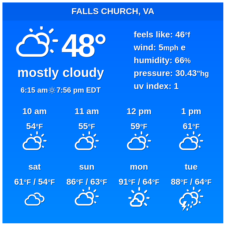 🇺🇸 FallsChurch, VA - Long-term weather forecast

In #FallsChurch, #weather will be unstable, and a combination of cloudy, sunny, stormy and rainy weather is... 

✨ Explore: weather-us.com/en/virginia-us…

 #vawx  #virginia