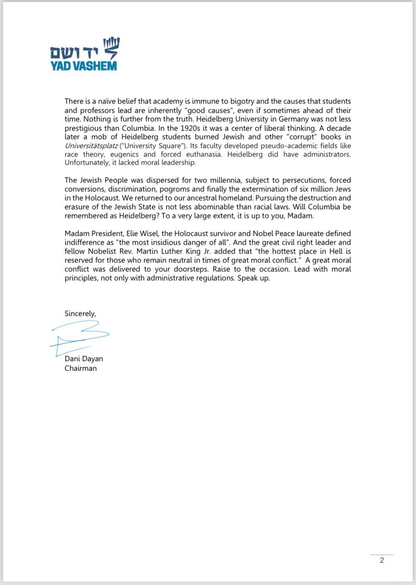 Yad Vashem chairman @AmbDaniDayan in a letter to Columbia President Shafik:
“Heidelberg University in Germany was not less prestigious than Columbia...A mob of Heidelberg students burned Jewish and other “corrupt” books in
Universitätsplatz ('University Square'). Its faculty…