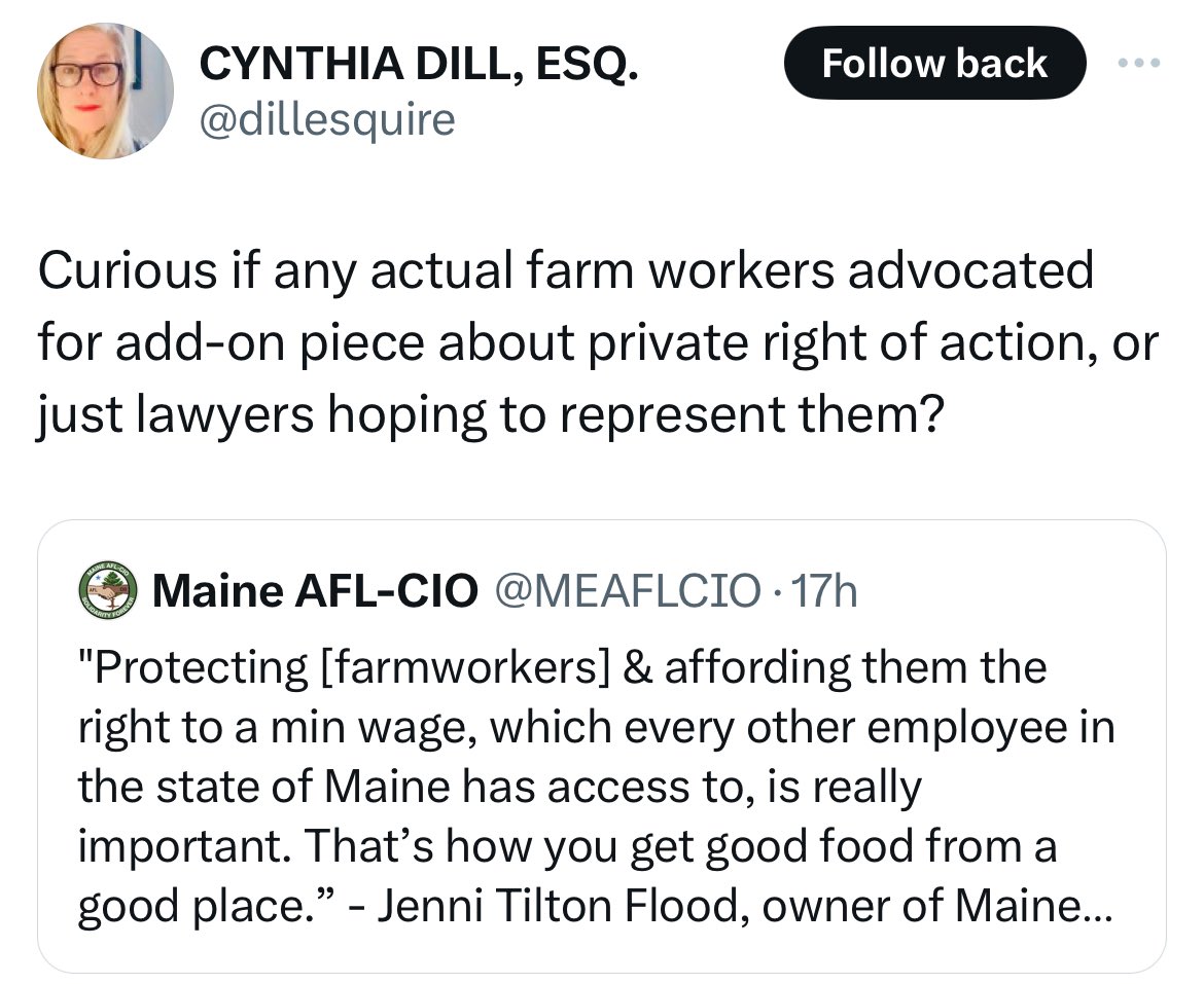 Since Democratic House candidate Cynthia Dill blocked me, I’ll respond here. Farmworker groups supported giving farmworkers the right to sue over stolen wages because nearly EVERY other worker has this right. The DOL doesn’t have enough resources to go after all lawbreakers.