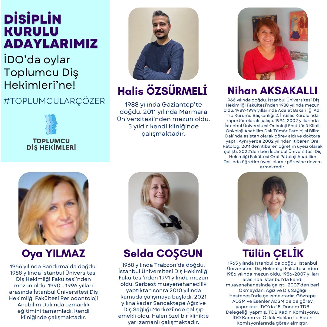 5 Mayıs Pazar günü İstanbul Kongre Merkezi’nde gerçekleştirilecek İstanbul Dişhekimleri Odası seçimleri için Disiplin Kurulu adaylarımız #ToplumcularÇözer #İDOdaOylarToplumculara